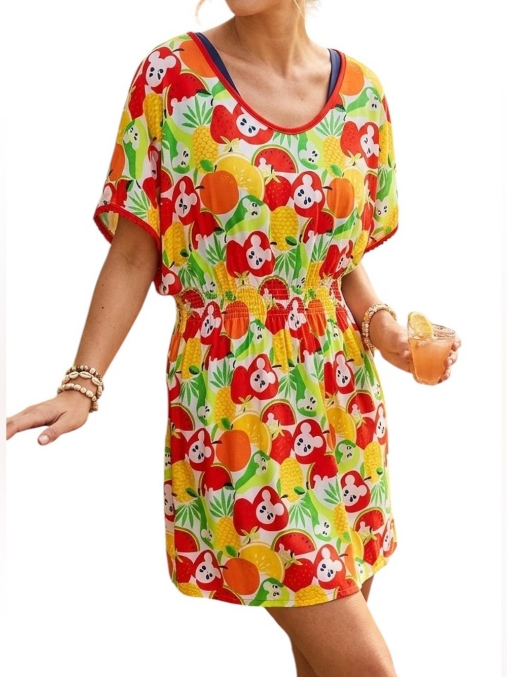 DISNEY Tokyo Caftan Oversized Dress Cover Up Tropical Fruit Hidden Mickey Sz XS